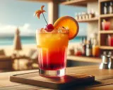 Kolorowy drink na plaży, idealny na letnie wieczory. Słoneczny drink sex, z wisienką i pomarańczą, na tle morza.