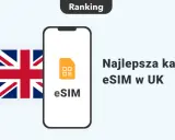 Ranking najlepszej karty eSIM w UK. Flaga Wielkiej Brytanii obok telefonu z ikoną eSIM.