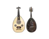 Deux oud, instruments de musique à cordes, l'un clair et décoré, l'autre sombre et strié.