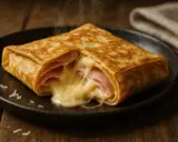 Un délicieux crepe au jambon et fromage fondant, fumant sur une assiette noire, prêt à être dégusté.