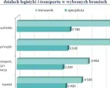 Wykres porównuje zarobki inżyniera logistyki (specjalisty) i kierownika w różnych branżach. Najwyższe zarobki specjalisty to 4960 w branży transportowej.