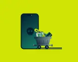 Ein iPhone mit Totenkopf-Symbol und einem Einkaufswagen voller Daten und Kreditkarten. So kann man Spyware auf dem iPhone erkennen.