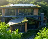 Maison moderne avec toiture végétalisée et panneaux solaires, exemple de construction maison écologique intégrée à la nature.