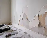 Farba odchodzi przy malowaniu wałkiem, odsłaniając stare warstwy tynku. Obok taca z wałkiem i szpachelka.