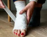 Osoba owija bandażem stopę, opatrując bolesny staw skokowy.
