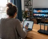 Frau am Laptop, Handy in der Hand. 20 mbit/s wie schnell das Internet ist, zeigt der Router. Streaming auf dem Fernseher.