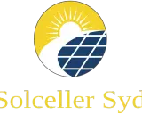 Logotyp med en sol och solcellspaneler. Texten "Solceller Syd" i gult.