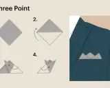 Learn how to fold a pocket square for a tux with this "Three Point" fold tutorial. The steps show a square being folded into a sharp, triangular shape for a sophisticated look.
