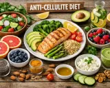 Zdrowe jedzenie na talerzu: łosoś, warzywa, owoce i kasza. To składniki idealne na dieta antycellulitowa.