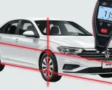 Medidor de espesor de pintura en un coche blanco, realizando pruebas de coches.