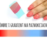 Gąbka do tworzenia **soft ombre** na paznokciach, obok dłoni z pięknym, płynnym przejściem kolorów od różu do pomarańczu.