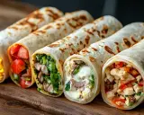 Fünf bunte Wraps mit verschiedenen Füllungen, die tolle Wraps Ideen für jeden Geschmack bieten.