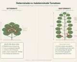 Determinate tomatoes are bush-like, 3-4 ft tall, with concentrated harvests. Indeterminate tomatoes are vine-like, 6-10 ft tall, offering extended harvests.