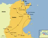 Karte von Tunesien mit Reiseroute. Karthago liegt nördlich von Tunis, nahe der Küste.
