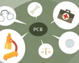 Diagrama sobre PCR en medicina: microscopio, hueso, botiquín, virus, balanza y esposas.