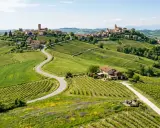 Un borgo italiano su una collina, circondato da vigneti rigogliosi e campi verdi. Un sogno per le vacanze in collina.