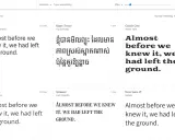 Explora tipografías Google Fonts. Muestra diferentes estilos de texto, como Roboto, Kdam Thmor y Goblin One, con la frase "Almost before we knew it, we had left the ground.
