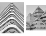 Dwie fasady budynków w czerni i bieli. Po lewej łagodne, faliste balkony, po prawej ostre, geometryczne kształty. Fascynująca fotografia architektury.
