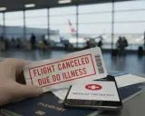Dłoń trzyma bilet z napisem "FLIGHT CANCELED DUE TO ILLNESS". Obok paszport, telefon z komunikatem "MEDICAL EMERGENCY" i inne bilety. Pytanie: czy można anulować bilet lotniczy?