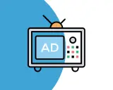 Stylizowany telewizor z napisem "AD" na ekranie. Ilustracja symbolizuje wady i zalety reklamy, która dociera do szerokiej publiczności, ale bywa też uciążliwa.