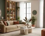 Acogedora decoracion salon con sofá beige, mesa de centro orgánica, estantería de madera iluminada y plantas.