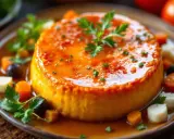 Un appétissant flan de légumes, nappé d'une sauce orangée et garni de persil frais, de carottes, de tomates cerises et d'olives.