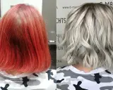 Vorher-Nachher-Vergleich: leuchtendes Rot verwandelt sich in stilvolles Blond.
