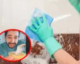 Domowy sposób na czyszczenie kabiny prysznicowej: ocet i soda oczyszczona. Mężczyzna pokazuje, jak przygotować ekologiczny środek czyszczący.