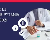 Lekarz w białym fartuchu trzymający pojemnik z lekami, obok ikony informacji i znaku zapytania.