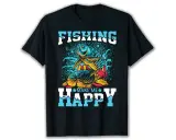 Czarna koszulka z nadrukiem wedkarskim: kolorowe ryby w wodzie i napis "FISHING MAKE ME HAPPY".