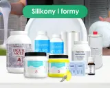 Płynna żywica polimerowa i materiały do tworzenia form silikonowych. W tle zielony napis "Silikony i formy".