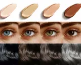 Vier Foundation-Tupfer, vier Augenfarben (blau, grau, grün, braun) und vier Haarfarben (schwarz, dunkelbraun, hellbraun, grau) – perfekt für jeden wintertyp haarfarbe.