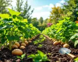 Lignes de plants de pomme de terre verts et mûrs, avec des tubercules dorés émergeant de la terre. Une petite pelle repose dans le sol.