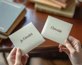 Deux mains tiennent des cartes. L'une dit "je t'envois", l'autre "t'envoie". Des livres sont en arrière-plan.