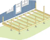 Illustration visar hur man kan bygga altan på plintar. Trästomme monteras på betongplintar vid husväggen.