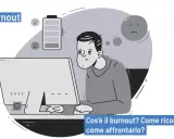 Uomo esausto davanti al PC, con batteria scarica e faccine tristi. Psicologia del burnout: come riconoscerlo e affrontarlo.