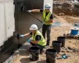 Dos obreros trabajan en la impermeabilización de muros enterrados, aplicando una capa protectora negra con rodillo y brocha.