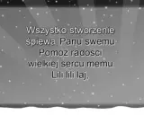 Gdy śliczna panna tekst kolędy "Lili lili laj" na tle zimowego krajobrazu ze śnieżynkami i choinką.