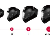 Cuatro tipos de cascos negros de moto, de menor a mayor tamaño, etiquetados XS-S, M, L, XL-XXL.