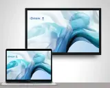 Klonowanie ekranu MacBook na monitorze zewnętrznym. Abstrakcyjny, błękitno-biały wzór na obu ekranach.