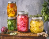 Bunte Gläser mit eingelegtem Gemüse, perfekt für ein mixed pickles rezept. Gurken, rote Zwiebeln und gelbe Paprika sind sichtbar.