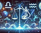 Kosmiczna wizja z wagą sprawiedliwości, symbolami Libry i Aquariusa, planetami i świetlistymi postaciami. W tej przestrzeni, gdzie rodzą się denarów uczucia, gwiazdy splatają losy.