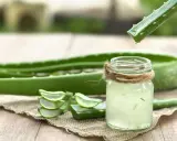 Goutte de gel d'aloe vera tombant dans un verre, prêt à être bu. Des tranches d'aloe vera sont disposées à côté.
