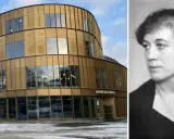 Agnes kulturhus, en modern byggnad i guld, bredvid ett porträtt av författaren Agnes von Krusenstjerna.