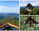 Beskid Wyspowy atrakcje: widok na góry, tabliczki szlaków na Luboń Wielki (1022 m) i Grodzisko (618 m).