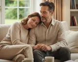 Una pareja en un sofá, ella apoya la cabeza en su hombro. Sus manos entrelazadas reflejan que es la intimidad en la pareja.