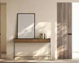 Porta in cartongesso con finitura in legno, minimalista e moderna, con un quadro astratto appeso sopra un tavolino.