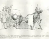 Karikatur zur Revolution 1848: Ein Soldat zündet eine Kanone, während Berliner fliehen.