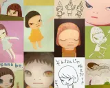 Collage of iconic works by Nara artist, featuring children with expressive eyes, some smoking, others dreaming, and one with a house on fire.