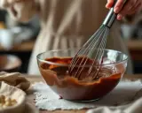 Une main utilise un fouet pour travailler le chocolat fondu dans un bol en verre. Des noisettes sont visibles sur le côté.